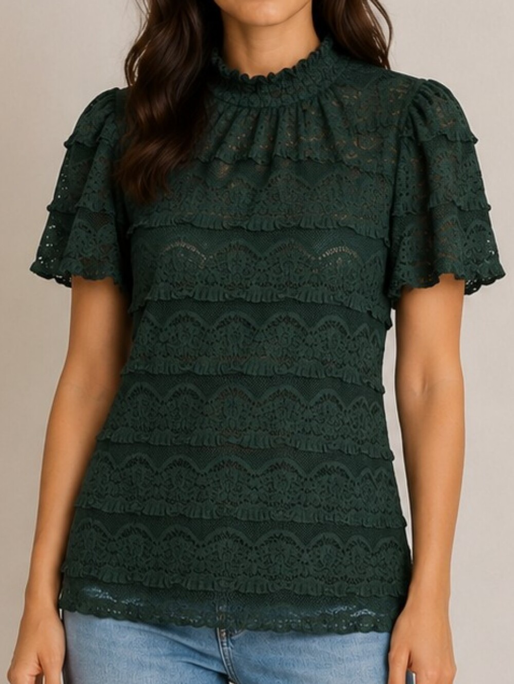 Cupio Blush Forest Green Lace Ruffle Mock Neck Blouse ✨ Size S